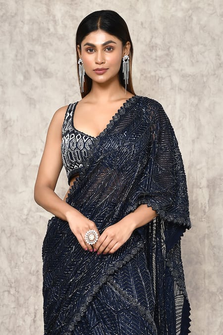 Ritika Mirchandani_Blue Net, Crepe, Denim, Georgette Embroidery Chevron Lehenga Saree With Blouse _at_Aza_Fashions