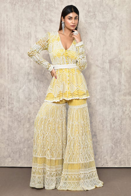 Ritika Mirchandani Yellow Crepe Embroidery Thread Plunge V Neck Hand Kurta And Sharara Set  