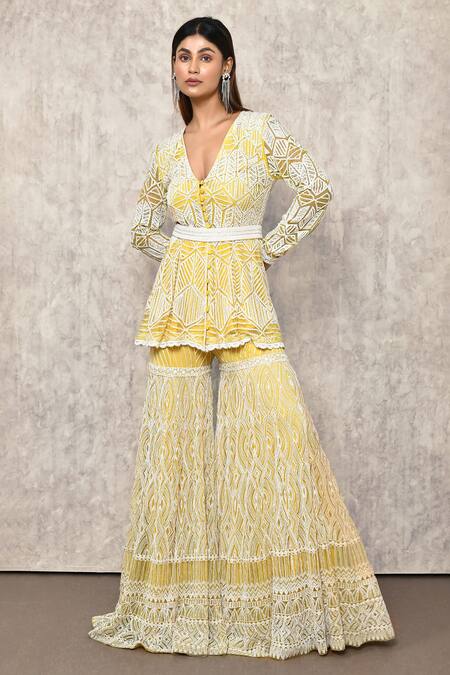 Ritika Mirchandani_Yellow Net, Crepe, Georgette Embroidery, Beads, Cut Hand Kurta And Sharara Set _Online_at_Aza_Fashions