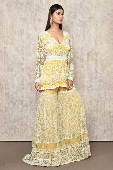 Buy_Ritika Mirchandani_Yellow Net, Crepe, Georgette Embroidery, Beads, Cut Hand Kurta And Sharara Set _Online_at_Aza_Fashions