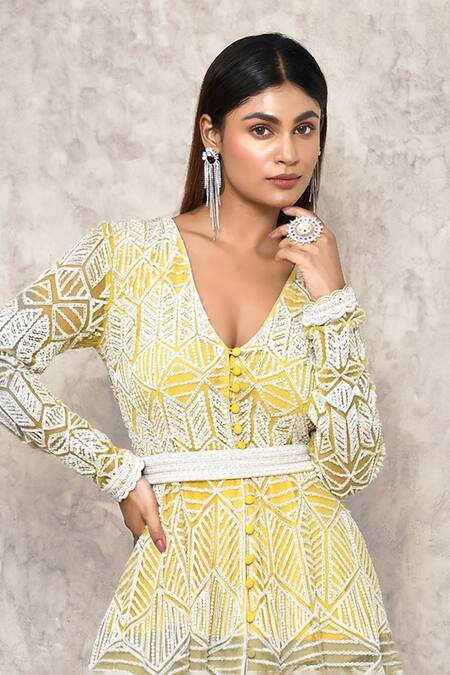 Shop Ritika Mirchandani Yellow Net, Crepe, Georgette Embroidery, Beads, Cut Hand Kurta And Sharara Set Online at Aza Fashions Shop_Ritika Mirchandani_Yellow Net, Crepe, Georgette Embroidery, Beads, Cut Hand Kurta And Sharara Set _Online_at_Aza_Fashions