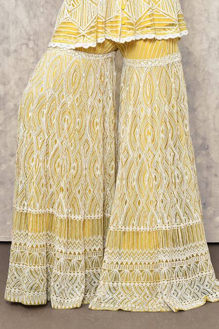 Ritika Mirchandani Yellow Net, Crepe, Georgette Embroidery, Beads, Cut Hand Kurta And Sharara Set at Aza Fashions Ritika Mirchandani_Yellow Net, Crepe, Georgette Embroidery, Beads, Cut Hand Kurta And Sharara Set _at_Aza_Fashions