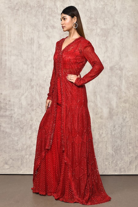 Buy_Ritika Mirchandani_Red Net, Crepe, Georgette Beads, Cut Work, Geometric Jacket Sharara Set _Online_at_Aza_Fashions