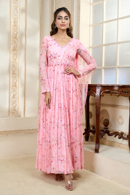 Aariyana Couture Draped Rose Petal Print Pleated Anarkali 