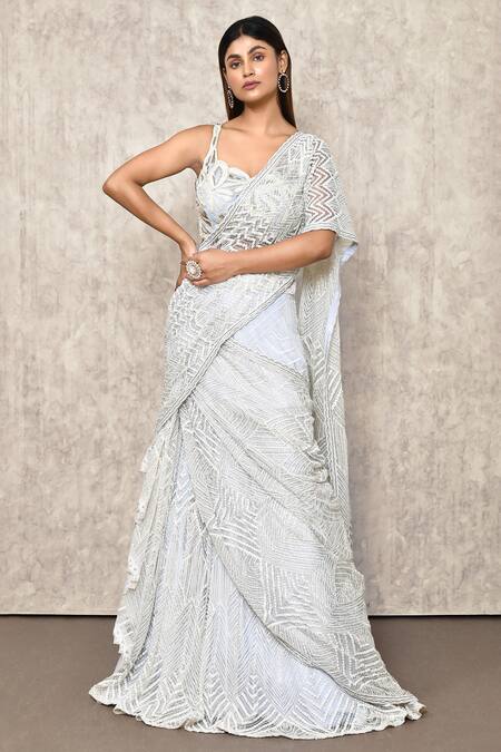 Ritika Mirchandani_Blue Net, Crepe, Georgette Beads, Cut Work, Pre-constructed Lehenga Saree _Online_at_Aza_Fashions