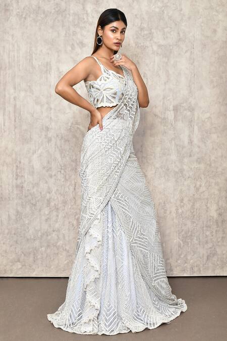 Ritika Mirchandani_Blue Net, Crepe, Georgette Beads, Cut Work, Pre-constructed Lehenga Saree _at_Aza_Fashions