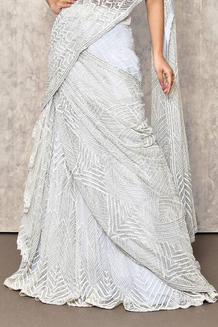 Shop_Ritika Mirchandani_Blue Net, Crepe, Georgette Beads, Cut Work, Pre-constructed Lehenga Saree _Online_at_Aza_Fashions