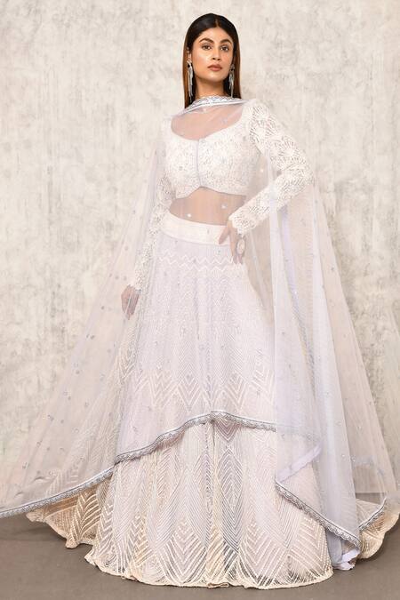 Buy_Ritika Mirchandani_Purple Crepe Embroidery Lace Leaf Neck Chevron Bridal Lehenga Set  _Online_at_Aza_Fashions