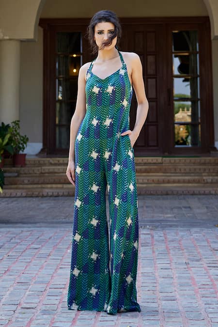 Amrood_Green Modal, Satin Halter Neck Chevron Print Jumpsuit _Online_at_Aza_Fashions