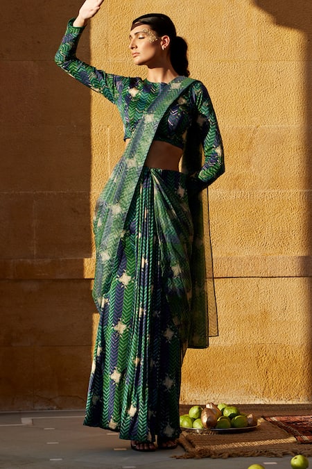 Shop Amrood Green Modal, Satin Round Neck Printed Pre-draped Saree With Blouse at Aza Fashions Shop_Amrood_Green Modal, Satin Round Neck Printed Pre-draped Saree With Blouse _at_Aza_Fashions