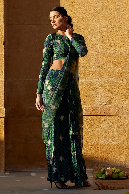 Buy Amrood Green Modal, Satin Round Neck Printed Pre-draped Saree With Blouse Online at Aza Fashions Buy_Amrood_Green Modal, Satin Round Neck Printed Pre-draped Saree With Blouse _Online_at_Aza_Fashions