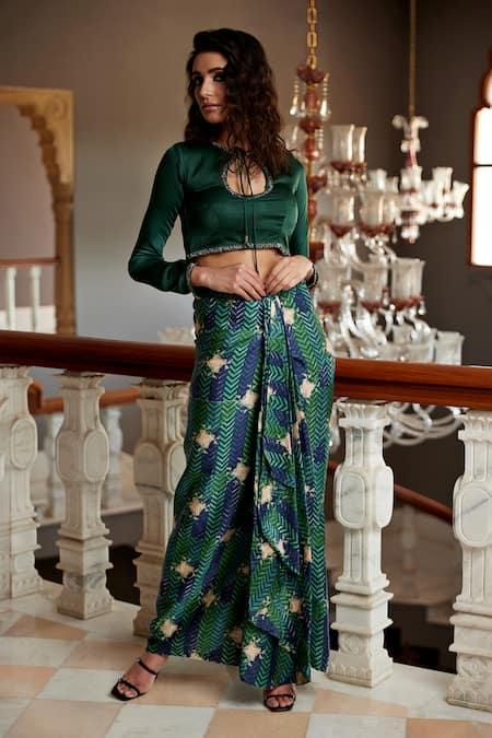 Shop_Amrood_Green Modal, Satin Zari Keyhole Neckline Top And Chevron Skirt Set For Kids_Online_at_Aza_Fashions