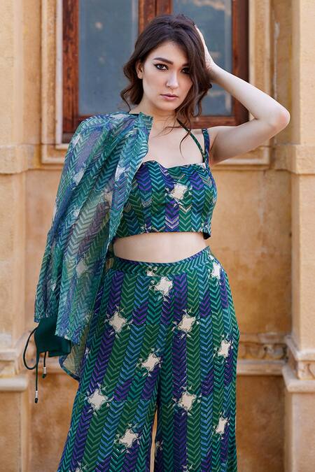 Buy_Amrood_Green Modal, Satin Chevron Print Jacket Pant Set For Kids_Online_at_Aza_Fashions