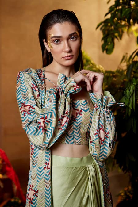 Buy_Amrood_Green Modal, Satin Chevron Print Jacket Skirt Set For Kids_Online_at_Aza_Fashions