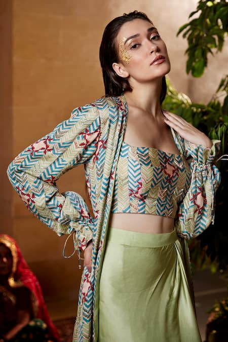 Shop_Amrood_Green Modal, Satin Chevron Print Jacket Skirt Set For Kids_Online_at_Aza_Fashions