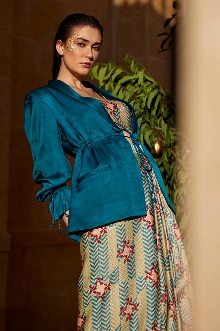 Amrood Green Modal, Satin Chevron Print Jacket And Skirt Set For Kids Online at Aza Fashions Amrood_Green Modal, Satin Chevron Print Jacket And Skirt Set For Kids_Online_at_Aza_Fashions