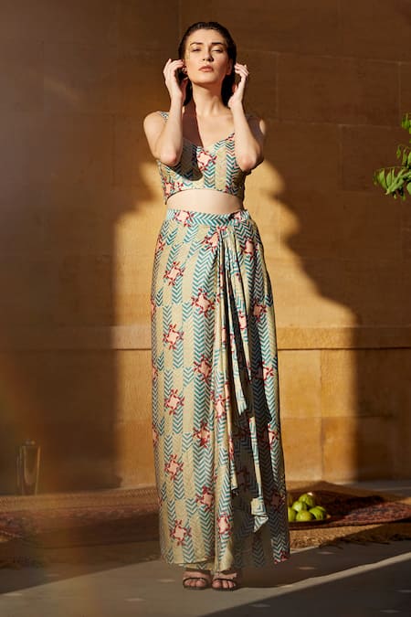 Shop Amrood Green Modal, Satin Chevron Print Jacket And Skirt Set For Kids Online at Aza Fashions Shop_Amrood_Green Modal, Satin Chevron Print Jacket And Skirt Set For Kids_Online_at_Aza_Fashions