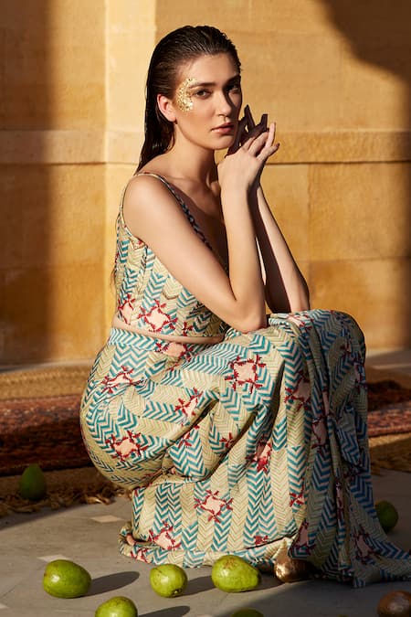 Amrood Green Modal, Satin Chevron Print Jacket And Skirt Set For Kids at Aza Fashions Amrood_Green Modal, Satin Chevron Print Jacket And Skirt Set For Kids_at_Aza_Fashions