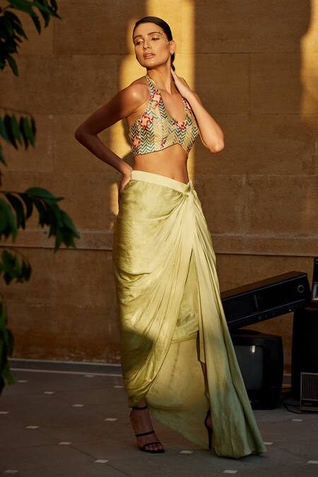 Shop_Amrood_Green Modal, Satin Chevron Print Halter Neck Top And Draped Skirt For Kids_Online_at_Aza_Fashions