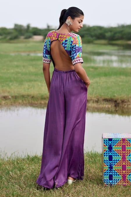 Shop_Amrood_Purple Taffeta Round Neck Geometric Print Jumpsuit _at_Aza_Fashions