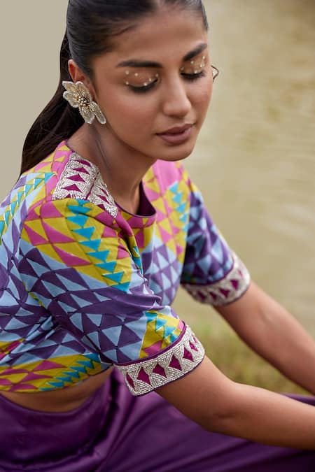 Buy_Amrood_Purple Taffeta Round Neck Geometric Print Jumpsuit _Online_at_Aza_Fashions