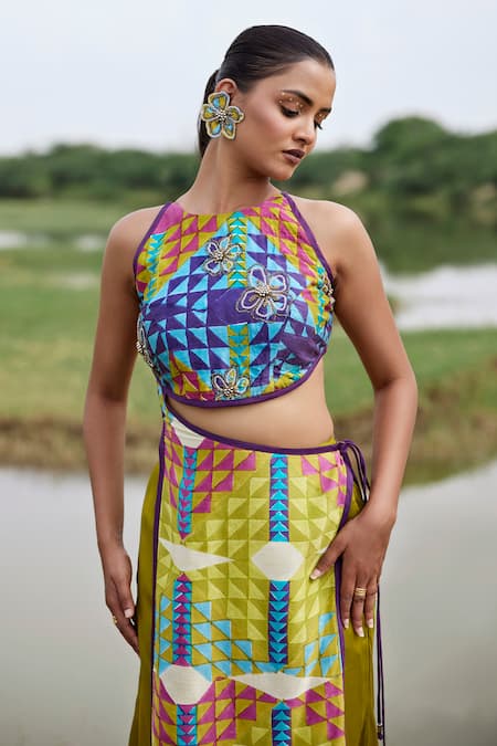 Amrood_Green Taffeta Cut Work, Beads, Embroidery Geometric Print Top And Pant Set For Kids_Online_at_Aza_Fashions