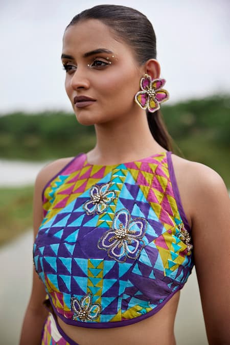 Buy_Amrood_Green Taffeta Cut Work, Beads, Embroidery Geometric Print Top And Pant Set For Kids_Online_at_Aza_Fashions