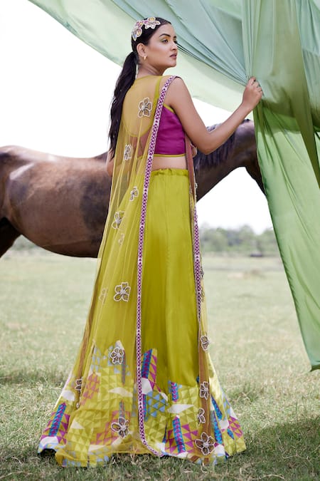 Amrood_Pink Taffeta Beads, Cut Work Floral Embroidered Jacket Lehenga Set For Kids_Online_at_Aza_Fashions