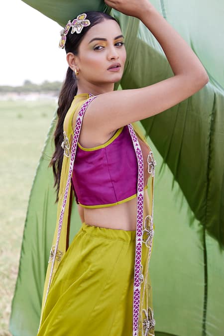 Buy_Amrood_Pink Taffeta Beads, Cut Work Floral Embroidered Jacket Lehenga Set For Kids_Online_at_Aza_Fashions