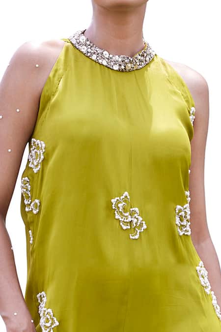 Amrood_Green Taffeta Pearls Round Neck Embellished Jumpsuit _Online_at_Aza_Fashions