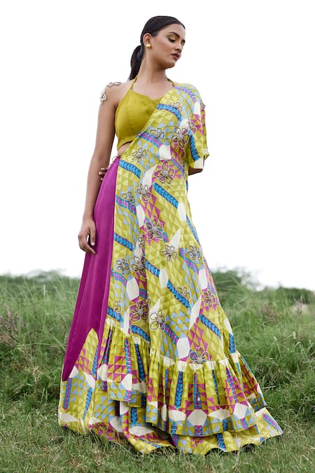 Amrood Green Taffeta Printed Geometric Cape Open Lehenga Set 