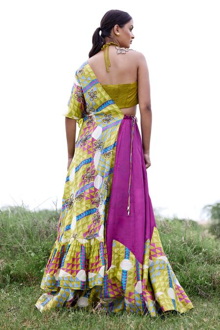 Amrood Green Taffeta Printed Geometric Cape Open Lehenga Set  2