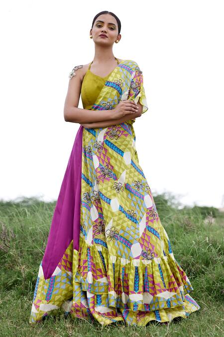 Amrood Green Taffeta Printed Geometric Cape Open Lehenga Set  3