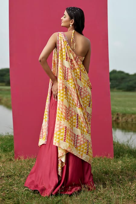 Amrood Geometric Print Blouse & Lehenga Set For Kids