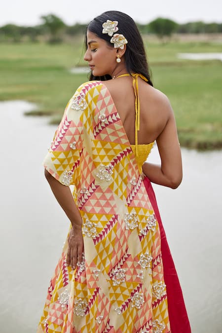 Shop Amrood Yellow Taffeta Pearls Halter Neck Abstract Print Lehenga Set at Aza Fashions Shop_Amrood_Yellow Taffeta Pearls Halter Neck Abstract Print Lehenga Set _at_Aza_Fashions