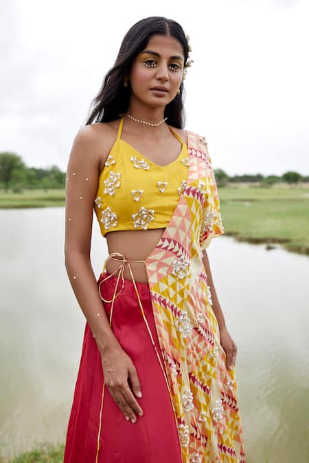Amrood Yellow Taffeta Pearls Halter Neck Abstract Print Lehenga Set Online at Aza Fashions Amrood_Yellow Taffeta Pearls Halter Neck Abstract Print Lehenga Set _Online_at_Aza_Fashions