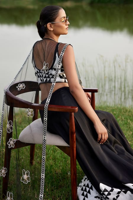 Shop_Amrood_Black Taffeta Embroidery Asymmetric Geometric Print Lehenga Set _at_Aza_Fashions