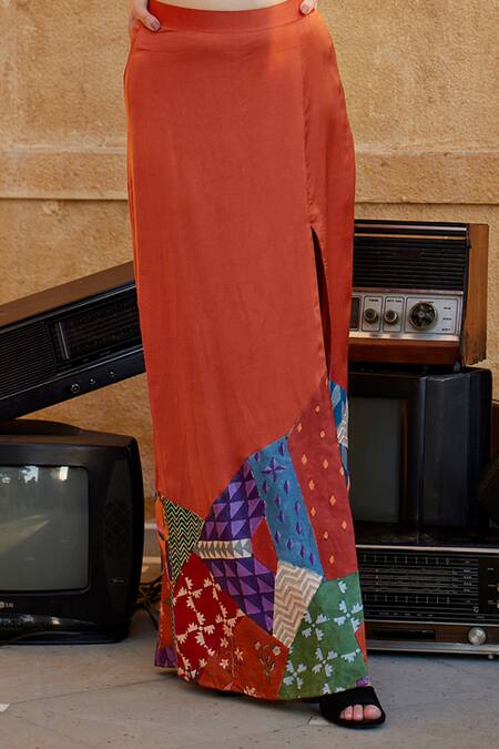Buy_Amrood_Orange Modal, Satin Zari, Embroidery Sweetheart Pencil Skirt Printed Top Set _Online_at_Aza_Fashions