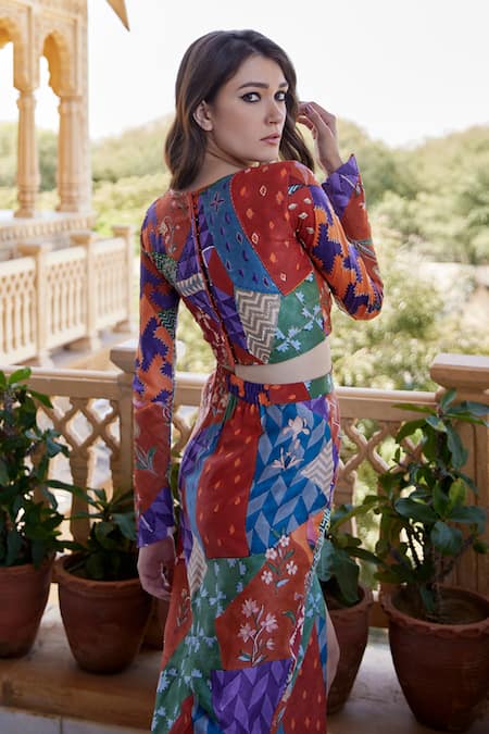 Shop Amrood Orange Modal, Satin Beads, Embroidery Round Neck Mixed Print Top And Skirt Set at Aza Fashions Shop_Amrood_Orange Modal, Satin Beads, Embroidery Round Neck Mixed Print Top And Skirt Set _at_Aza_Fashions