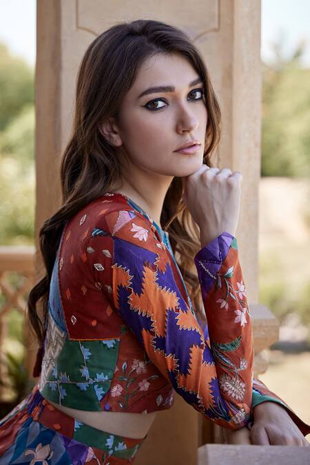 Buy Amrood Orange Modal, Satin Beads, Embroidery Round Neck Mixed Print Top And Skirt Set Online at Aza Fashions Buy_Amrood_Orange Modal, Satin Beads, Embroidery Round Neck Mixed Print Top And Skirt Set _Online_at_Aza_Fashions