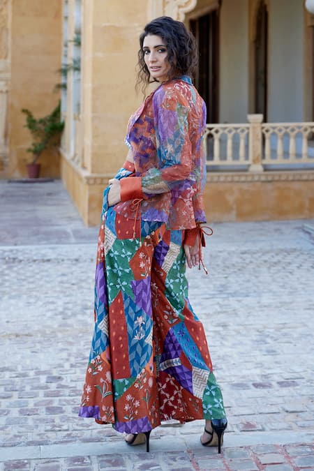 Amrood Orange Modal, Satin Halter Neck, Collared Mixed Print Jacket Pant Set Online at Aza Fashions Amrood_Orange Modal, Satin Halter Neck, Collared Mixed Print Jacket Pant Set _Online_at_Aza_Fashions