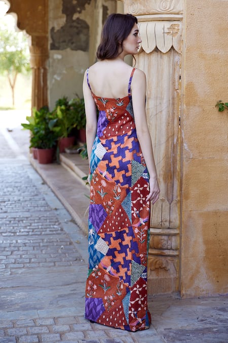 Shop_Amrood_Orange Modal, Satin Sweetheart Neck Mixed Print High Slit Dress _at_Aza_Fashions