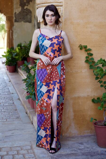 Shop_Amrood_Orange Modal, Satin Sweetheart Neck Mixed Print High Slit Dress _Online_at_Aza_Fashions