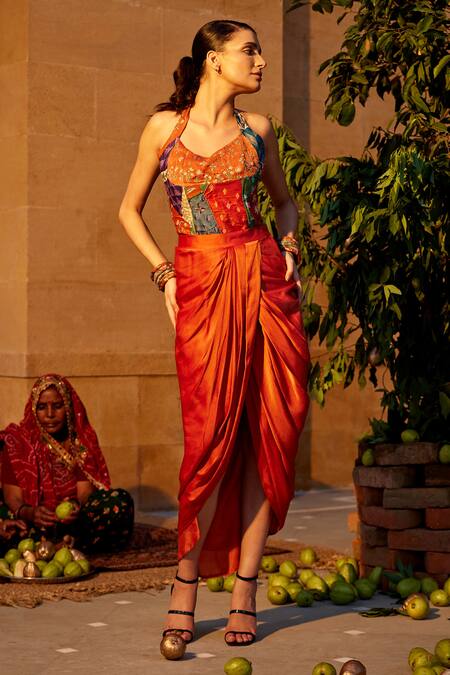 Amrood Orange Modal Satin Printed And Embroidered Mixed Top & Draped Skirt Set 