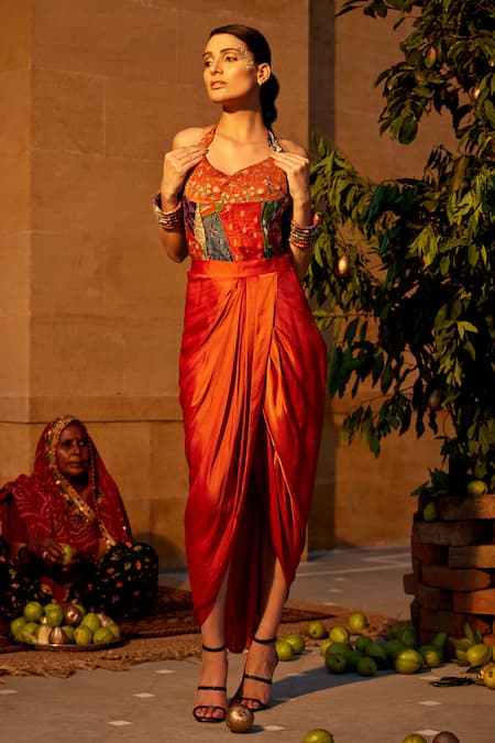 Buy Amrood Orange Modal, Satin Beads, Embroidery Halter Neck Printed Top And Draped Skirt Set Online at Aza Fashions Buy_Amrood_Orange Modal, Satin Beads, Embroidery Halter Neck Printed Top And Draped Skirt Set _Online_at_Aza_Fashions