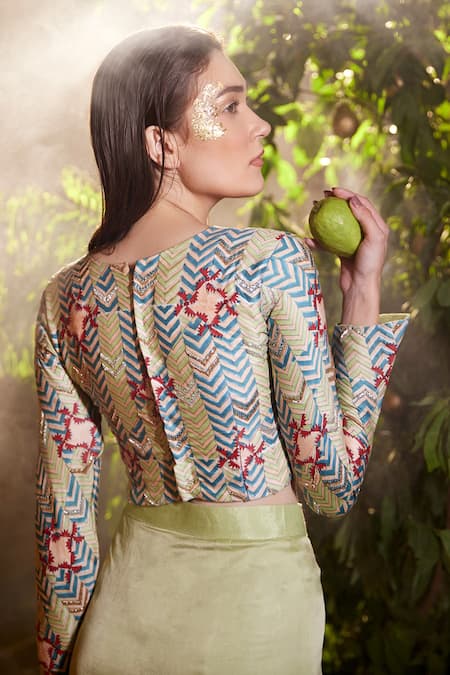 Shop_Amrood_Green Modal, Satin Beads, Zari Round Neck Pleated Draped Skirt And Top Set _at_Aza_Fashions