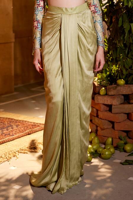 Amrood_Green Modal, Satin Beads, Zari Round Neck Pleated Draped Skirt And Top Set _Online_at_Aza_Fashions