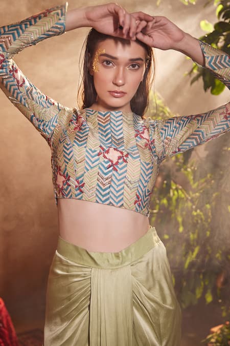 Shop_Amrood_Green Modal, Satin Beads, Zari Round Neck Pleated Draped Skirt And Top Set _Online_at_Aza_Fashions