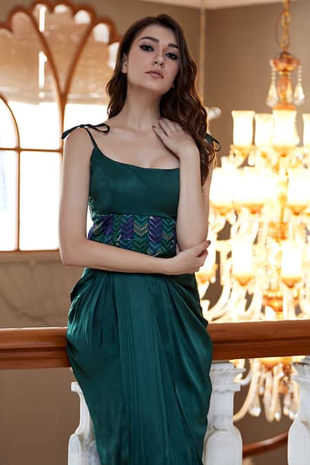 Amrood_Green Modal, Satin Embroidery Scoop Neck Printed Panelled Top And Skirt Set _Online_at_Aza_Fashions