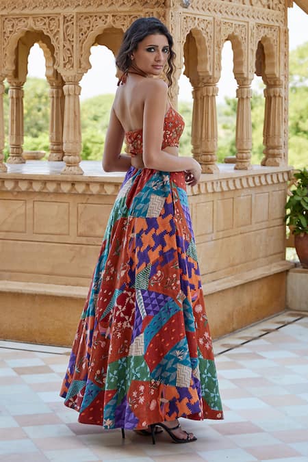 Amrood Orange Modal, Satin Beads, Cut Work Halter Neck Mixed Print Lehenga And Blouse Set Online at Aza Fashions Amrood_Orange Modal, Satin Beads, Cut Work Halter Neck Mixed Print Lehenga And Blouse Set _Online_at_Aza_Fashions